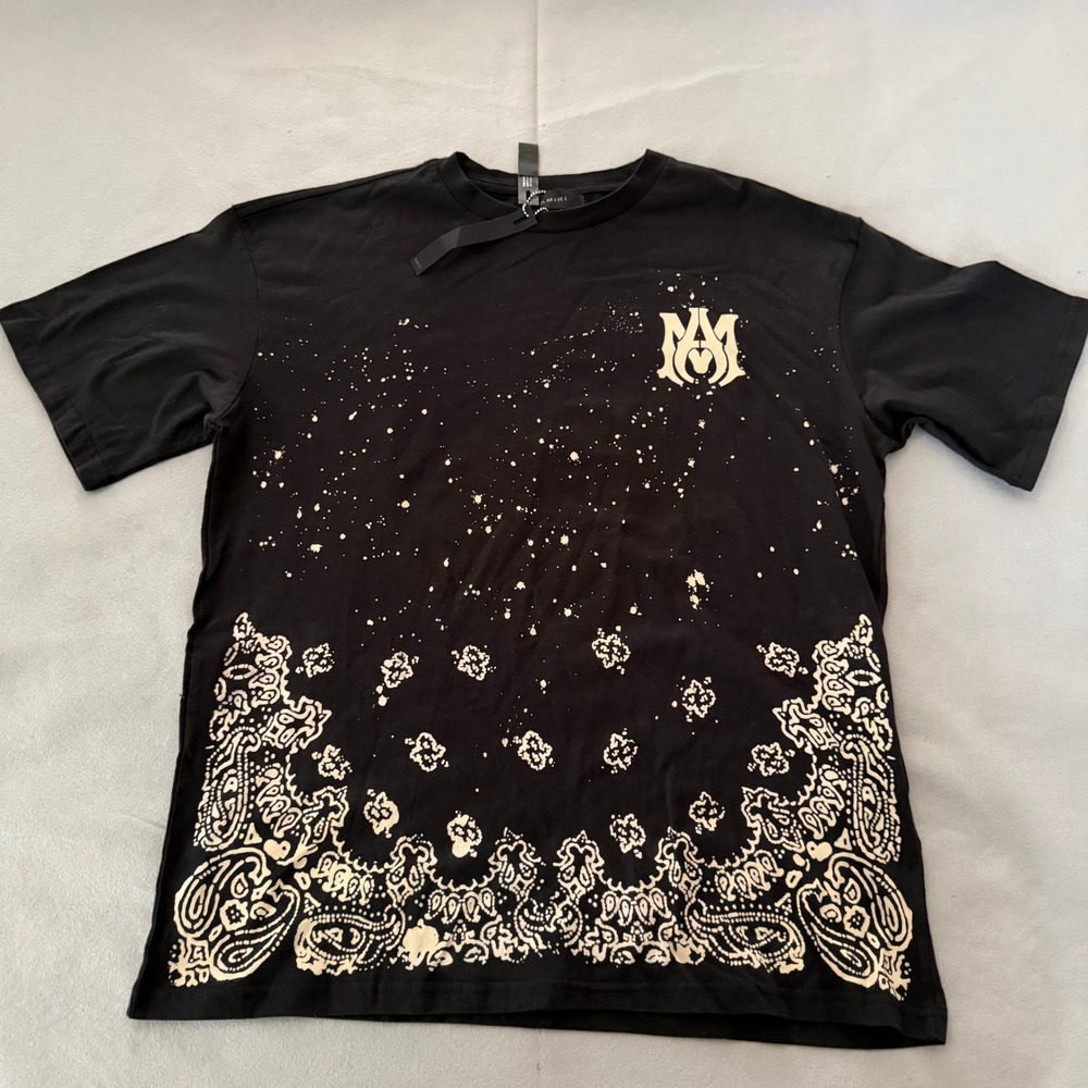 Amiri Mens Paisley Bleach Splatter Logo T-Shirt Black XL Made in USA